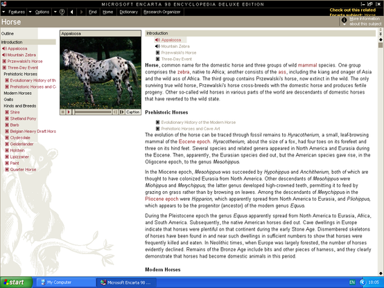 The Microsoft Encarta article for Horse, featuring photos of different breeds and a sound clip of an Appaloosa whinnying