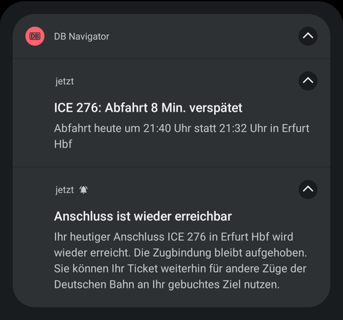 DB Navigator notifications: connection is possible again, connecting ICE will be delayed. Zugbindung remains aufgehoben
