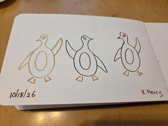Hand drawn generative/procedural art in ink on an open page of my sketchbook. The abstract drawing looks a bit like three penguins with raised wings.