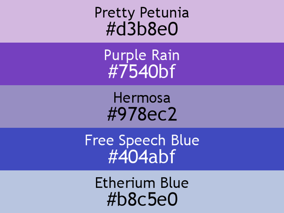 a block of five horizontal color swatches in Pretty Petunia (#d3b8e0), Purple Rain (#7540bf), Hermosa (#978ec2), Free Speech Blue (#404abf), and Etherium Blue (#b8c5e0).