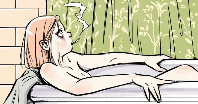Illustration inspired by The Royal Tenenbaums, depicting Margot Tenenbaum smoking a cigarette while taking a bath.