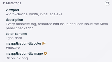 A list of meta tags with their value. Two of the tags have an orange cobweb icon.