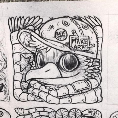 An ink drawing of a humanoid bird wearing a cap with patches and pins, they’re also wearing a  long striped scarf.