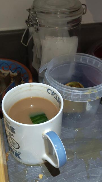 A cup of tea with a chunk of cucumber floating in it rather than the empty plastic container behind it. 
Tea has splashed all over the work top because of course I plopped it in.  Silly Dodo.