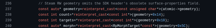 // Steam RW geometry omits the SDK header's obsolete surface-properties field.
        const auto* geometry=reinterpret_cast<const unsigned char*>(atomic->geometry);
        const int count=*reinterpret_cast<const int*>(geometry+0x14);
        const int targets=*reinterpret_cast<const int*>(geometry+0x18);
        const auto* morph=*reinterpret_cast<RpMorphTarget*const*>(geometry+0x5C);