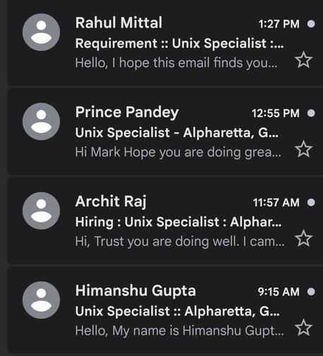 A screenshot of 4 emails in a row from various senders trying to recruit for the same job