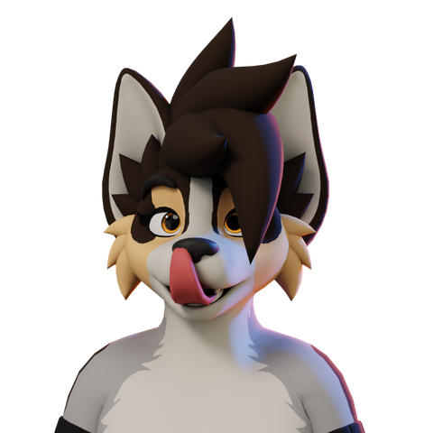 face and upper chest of a 3D furry dog avatar, looking like the dog from my profile picture (black-tan-and-white face, grey-and-white front body, black hair, amber eyes), staring blankly somewhere near the viewer, with their mouth slightly open, absentmindedly licking their own nose