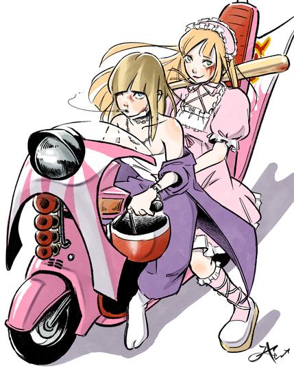 An illustration of Momoko and Ichigo riding together on a motorcycle, inspired by Kamikaze Girls.