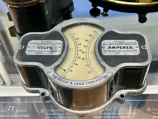 From the Museum of Science and Industry in Chicago a duel meter for Volts (0 to 75) and Amperes (0 to 150 and 0 to -50). There are patents from 1890 up to 1898, maybe by the Weston Electrical Instrument CO. of Newark, NJ