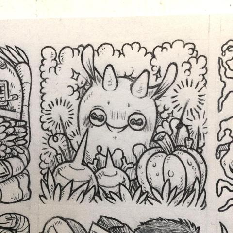 A drawing of a happy uxn(kind of ox) amongst a patch of made up interconnected root vegetables