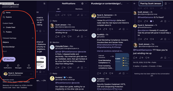 The fixed panel on the left of the Mastodon advanced UI circled by a red circle.
