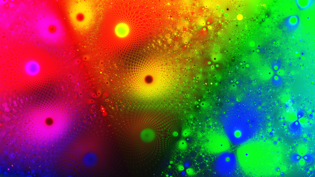 Intensive rainbow colored fractal image. The fractal contains vortexes, spirals and circle-like blobs everywhere.