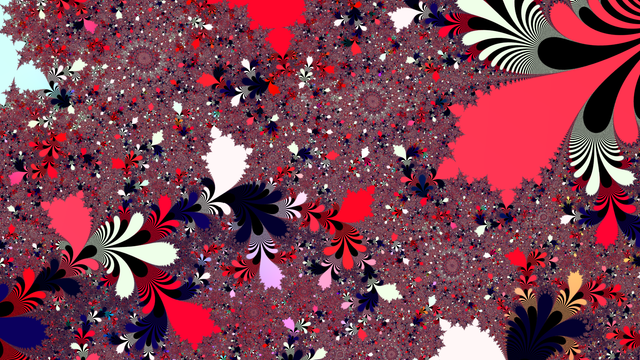 A detailed fractal made of spirals, vortexes and alternating stripes. The image comes in mostly three different colors: red, dark blue and a color very close to white.