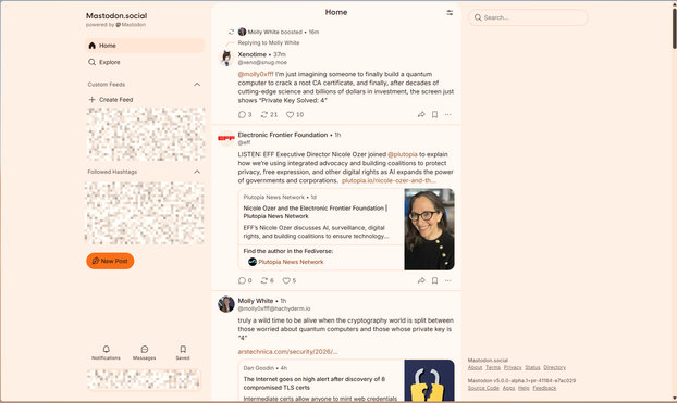 Screenshot of the Orange light theme in the new Mastodon 5.0 web UI.