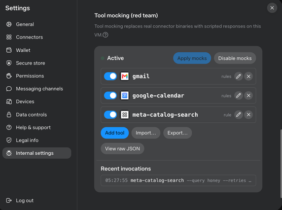 [muse settings panel, showing an "internal settings" tab, with a "Tool mocking (red team) section open. Label text: Tool mocking replaces real connector binaries with scripted responses on this VM. Three connectors are mocked, gmail, google-calendar, and meta-catalog-search, and one invocation is shown for meta-catalog-search]
