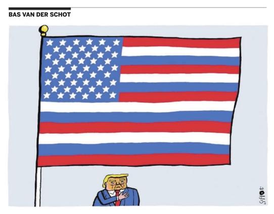 Cartoon from dutch cartoonist Schot. It shows Trump saluting the flag with his hand on his chest under an american flag where blue stripes have been added to the red-white stripes thus creating a combined American-Russian flag.