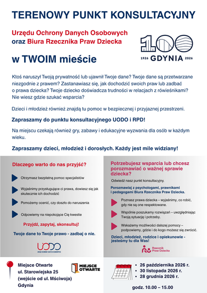 Plakat Terenowego Punktu Konsultacyjnego UODO i RPD w Gdyni.