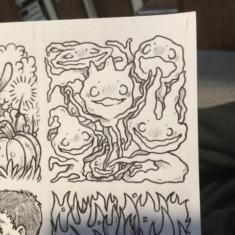 An ink drawing of a bunch of happy long-limbed ghosts