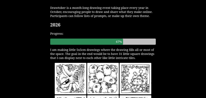 a screenshot of rek's drawtober page on their website, showing some ink drawings under the year 2026 with a progress bar at 67%