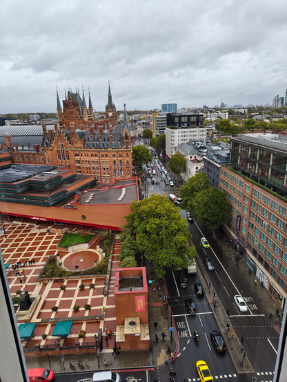 A view from the 14th floor looking over the British Library and the large redbrick building of St Pancras station beyond