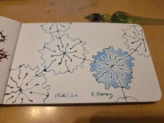 Hand drawn generative/procedural art in ink on an open page of my sketchbook. The pattern looks a bit like flowers arranged as a chemistry diagram. My glass dipping pen is next to my sketchbook.