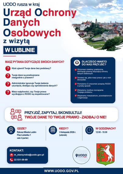 Plakat promujący inicatywę "UODO rusza w kraj" - przystanek Lublin - 03.11.2026 r.