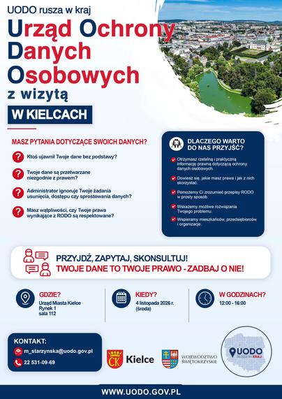 Plakat promujący inicatywę "UODO rusza w kraj" - przystanek Kielce - 04.11.2026 r.