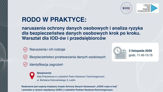 Plakat promujący inicatywę "UODO rusza w kraj" - przystanek Lublin, warsztaty "RODO w praktyce" - 03.11.2026 r.