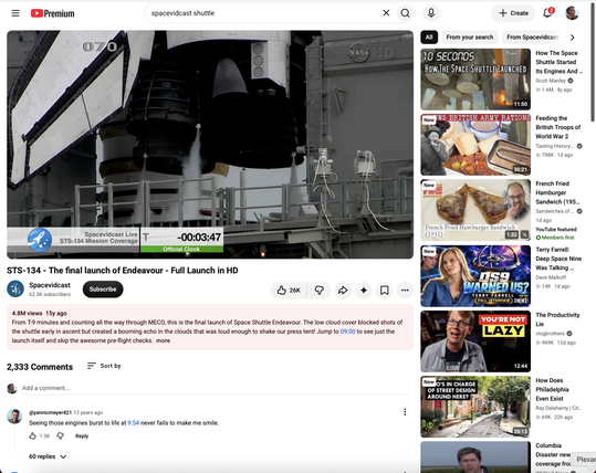 A youtube browser window in standard mode. The video (of a Space Shuttle launch) is in about a third of the available space.