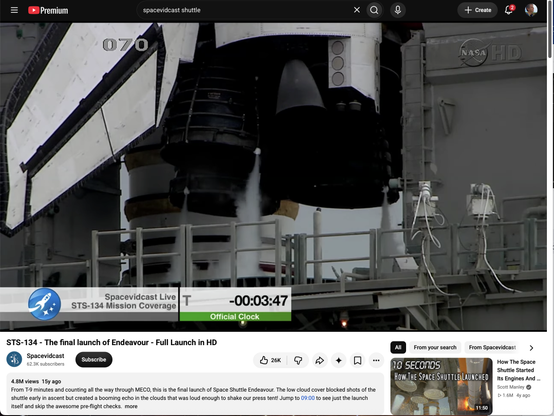 A youtube browser window in theater mode. The video (of a Space Shuttle launch) is in about 4/5 of the available space and covers the full width of the window.