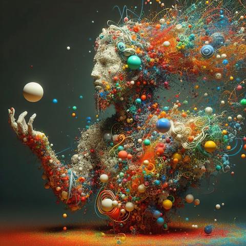 Abstrakte humanoide Figur aus bunten Kugeln und Fäden, die eine weiße Kugel in der Hand schweben lässt.