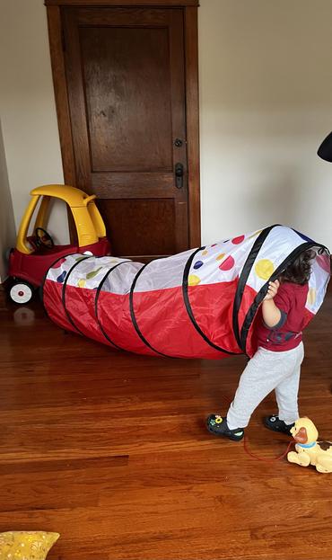 A child in comfortable clothing stands next to a colorful play tunnel on a wooden floor. Nearby, there is a small red toy car and a toy dog being pulled along by a string. A wooden door is visible in the background.