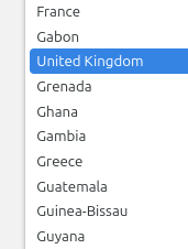 United Kingdom in the "G" area of the Country/region selection