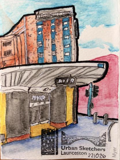 A watercolour and pen sketch of the Myer building in Launceston Mall. It is colourful. There is an official Urban Sketching stamp in it!
