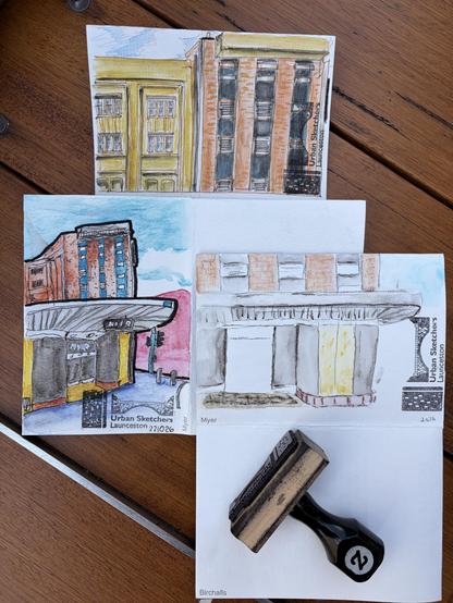 A range of sketches. Only three! On a timber bench. The stamp is holding the paper down. Beautiful!