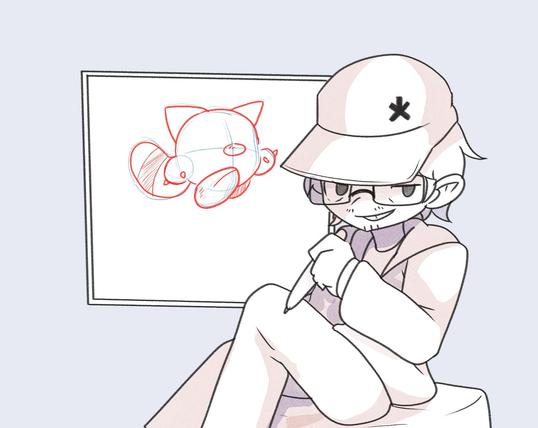 a monochrome doodle of a young dude holding a pen, wearing a baseball cap with an asterisk, rectangular glasses, a hoodie and  some pants

he's drawing a round kirby-like unnamed creature with a raccoon tail, cat ears  and diglett nose