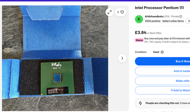 An ebay listing for a 700mhz pentium 3 CPU but they have listed it as a "Pentium 111" because the logo for the P3 is Pentium III (Roman-Numeral style)