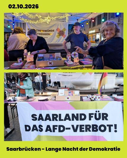 Bildcollage auf neongelbem Hintergrund mit Datum „02.10.2026“ oben links und der Überschrift „Saarbrücken – Lange Nacht der Demokratie“ unten.