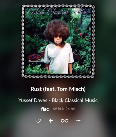 Screenshot of album cover of Black Classical Music showing a young black person with an afro in a white t-shirt in front of green plants.