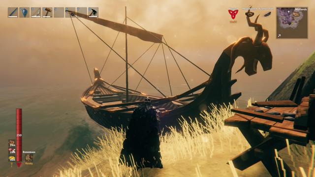 Viking character facing away and towards a large boat with a dragon figurehead. I call this picture "It's time"