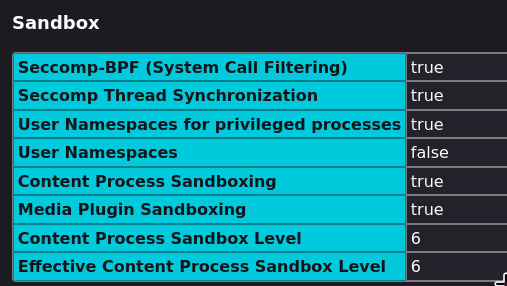 about:support sandbox screenshot showing they are all set to true except user namespaces which is normal on linux. The bottom 2 are at level 6 which is the highest level of sandboxing