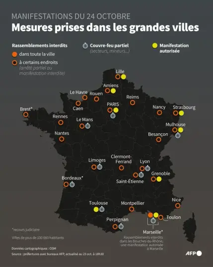 Carte AFP mesures prises pour les manifs du 24 octobre dans les grandes villes: fond gris, france en noir, points jaunes; oranges et gris, le tout avec comme unique source les préfectures...
