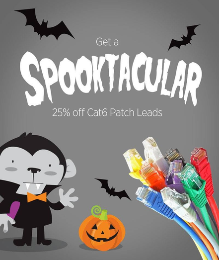 Halloween themed advert for Cat6 patch leads. It features a vampire monkey, a pumpkin, some bats and a bundle of Cat6 cables. It says "Get a Spooktacular 25% off Cat6 Patch Leads".