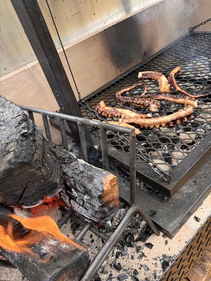The asado grill with octopus on it. Fire coming off the logs on the side brazier.