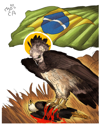A Brazilian harpy, holding a killed bald hawk. A Brazilian flag in the background.